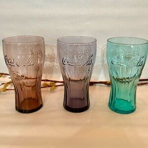1980’s Vintage Coca-Cola Glass Trio in Brown, Purple, and Teal